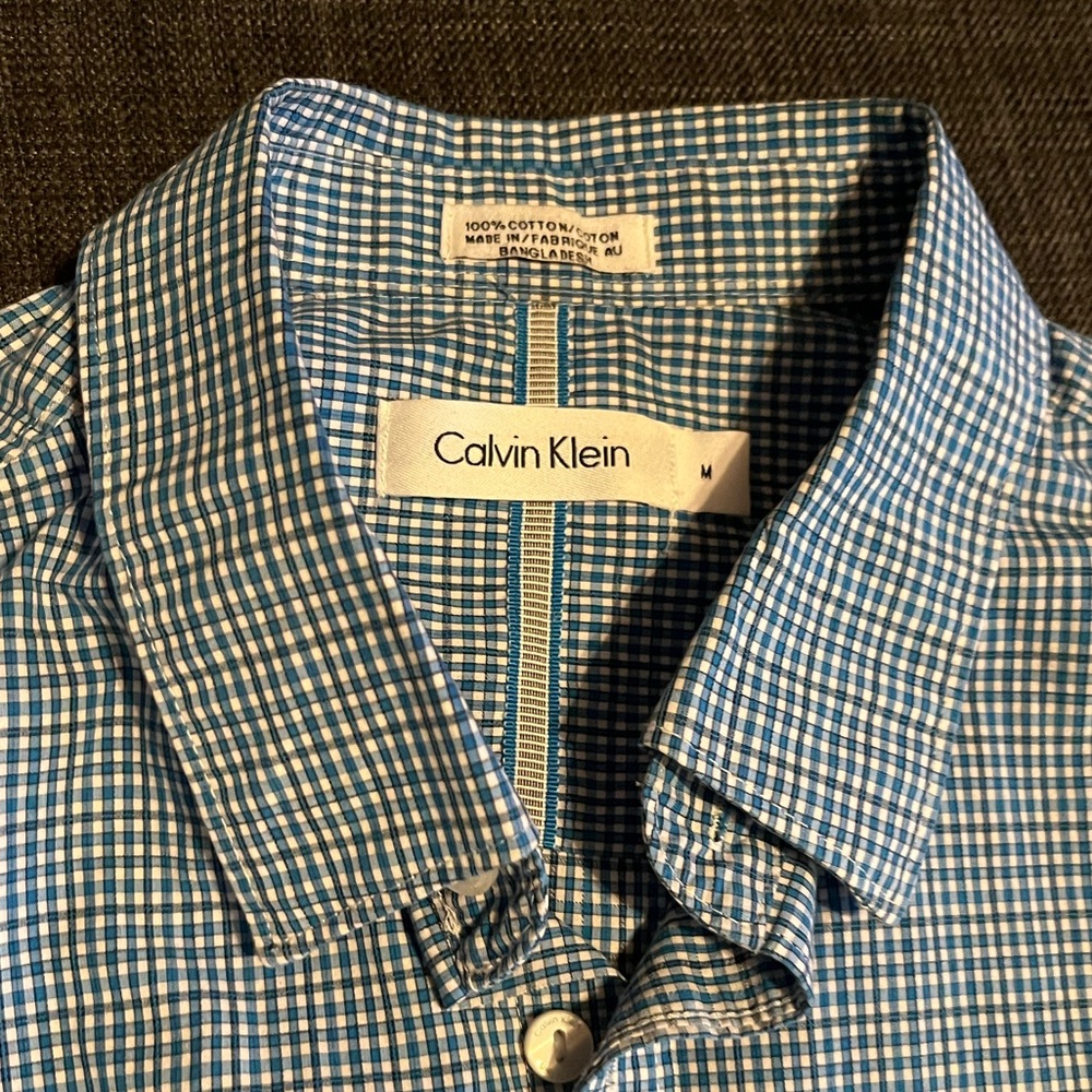 🌸2/20 Calvin Klein Men’s Medium Blue Plaid Shirt Classic Button-Up Preppy Dress
